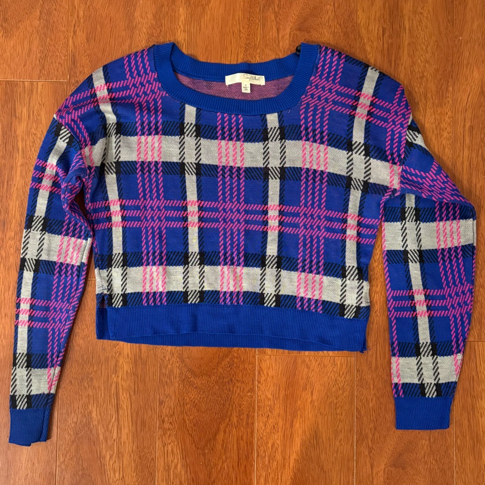 Say What? Vibrant Blue Pink Black Gray Plaid Long Sleeve Cropped Sweater
